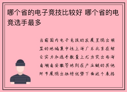 哪个省的电子竞技比较好 哪个省的电竞选手最多